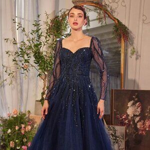 NEW FORMAL LAYERED A-LINE LONG BALL DRESS W/ MID-OPEN BACK & LEG SLIT CD A1367